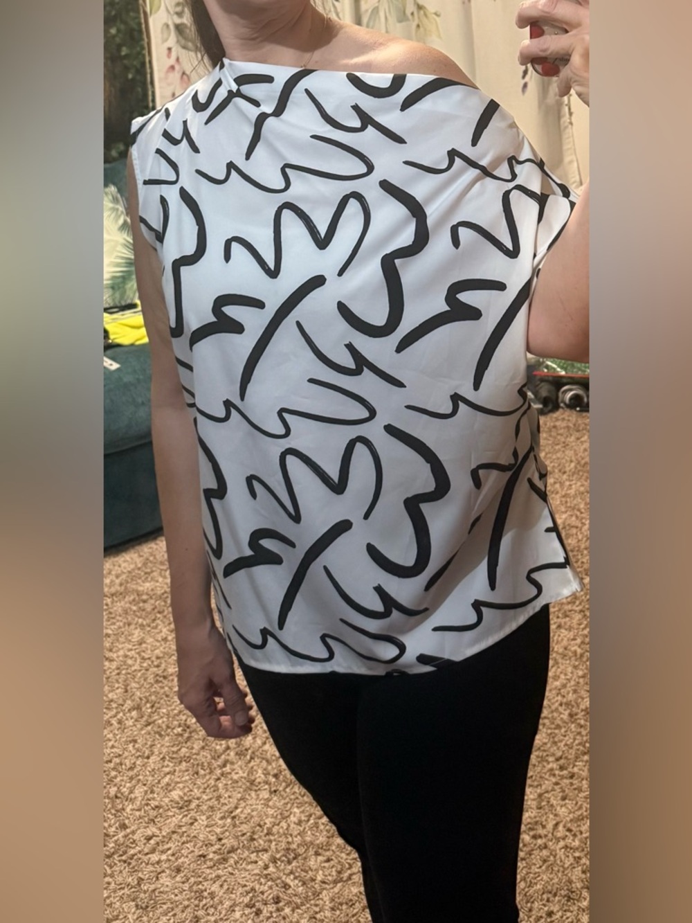 One shoulder draped White Top with Black Abstract Print XXL